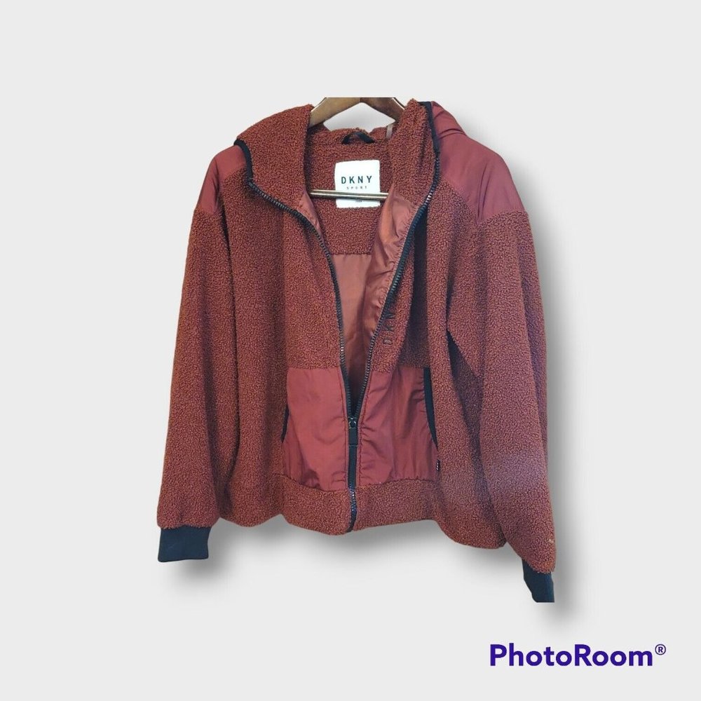 DKNY Burgandy Women's Hooded Zip Sherpa Jacket Size L With Pockets Elastic Cuffs